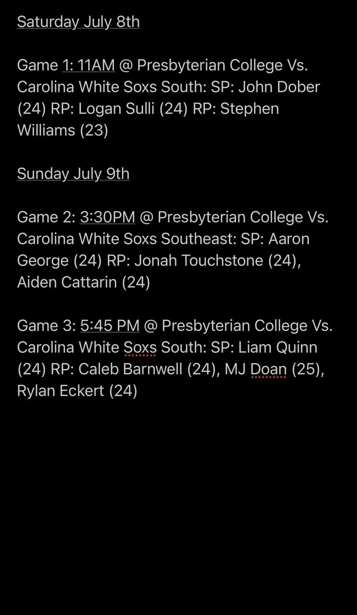 Bradley Connochie (@bradconnochie33) on Twitter photo Legacy 17U rotation for Carolina White Soxs Showcase at Presbyterian College (July 8-9th) <a href="/LegacyBaseball5/">Legacy Baseball SC</a> <a href="/JohnDober05/">John Dober</a> <a href="/LoganSulli2/">Logan Sulli</a> <a href="/stephen_2023/">Stephen Williams</a> <a href="/aarongeorge2020/">Aaron George</a> <a href="/J_Touchstone9/">Jonah Touchstone</a> <a href="/AidenCattarin/">Aiden Cattarin</a> <a href="/LiamQuinn_2024/">Liam Quinn</a> <a href="/CalebBarnwell3/">Caleb Barnwell</a> <a href="/rylaneckert9/">Rylan Eckert</a> <a href="/doanmj1/">MJ Doan</a> <a href="/ToddFriedman10/">Todd Friedman</a> Legacy 17U rotation for Carolina White Soxs Showcase at Presbyterian College (July 8-9th) <a href="/LegacyBaseball5/">Legacy Baseball SC</a> <a href="/JohnDober05/">John Dober</a> <a href="/LoganSulli2/">Logan Sulli</a> <a href="/stephen_2023/">Stephen Williams</a> <a href="/aarongeorge2020/">Aaron George</a> <a href="/J_Touchstone9/">Jonah Touchstone</a> <a href="/AidenCattarin/">Aiden Cattarin</a> <a href="/LiamQuinn_2024/">Liam Quinn</a> <a href="/CalebBarnwell3/">Caleb Barnwell</a> <a href="/rylaneckert9/">Rylan Eckert</a> <a href="/doanmj1/">MJ Doan</a> <a href="/ToddFriedman10/">Todd Friedman</a>
