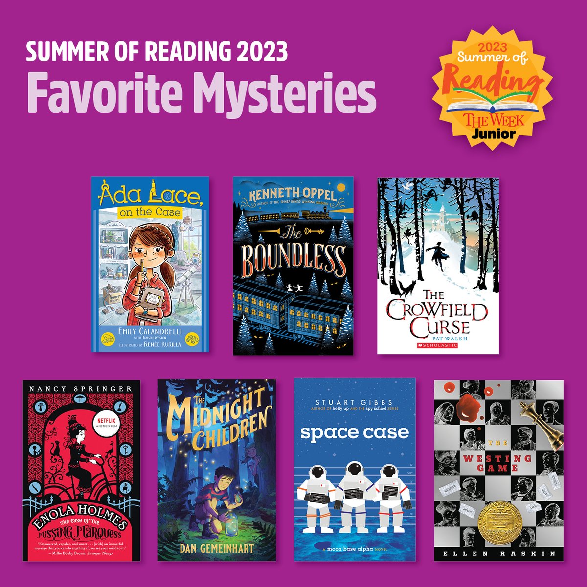 Kids across America told us which books they love the most! These are their favorite mysteries. Head here for the full #SummerOfReading list: kids.theweekjunior.com/summerofreading

@NancySpringer @DanGemeinhart @jimmyct @kennethoppel @reneekurilla @TheSpaceGal @ada_lace @AuthorStuGibbs