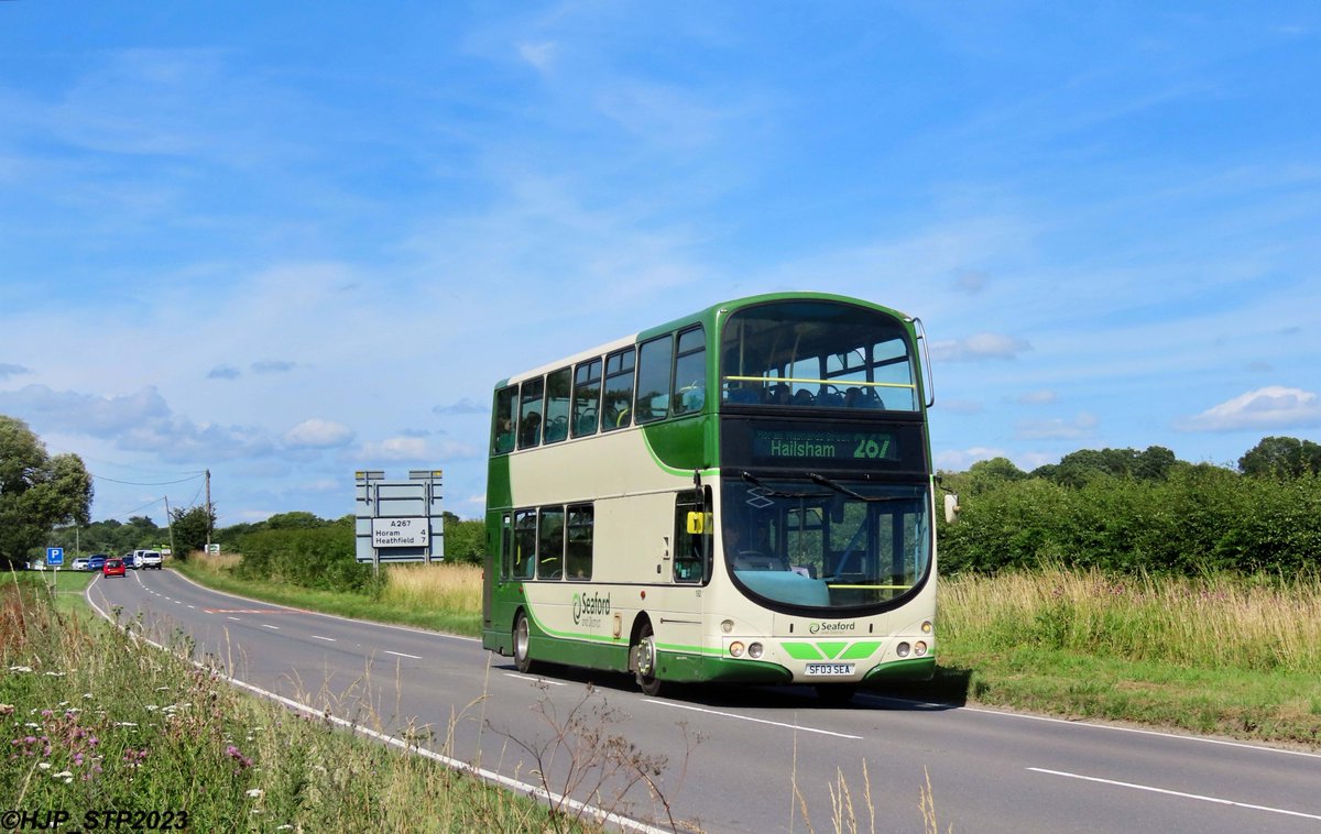 A 267 on the A267! Caught flying past Hellingly yesterday afternoon was @SeafordandDist's SF03SEA. This @VolvoBusUK B7TL with @Wright_bus Eclipse Gemini bodywork was new to Arriva London North in the Summer of 2003 as VLW192 LJ03MXT. (Reposted due to photo upload issue).