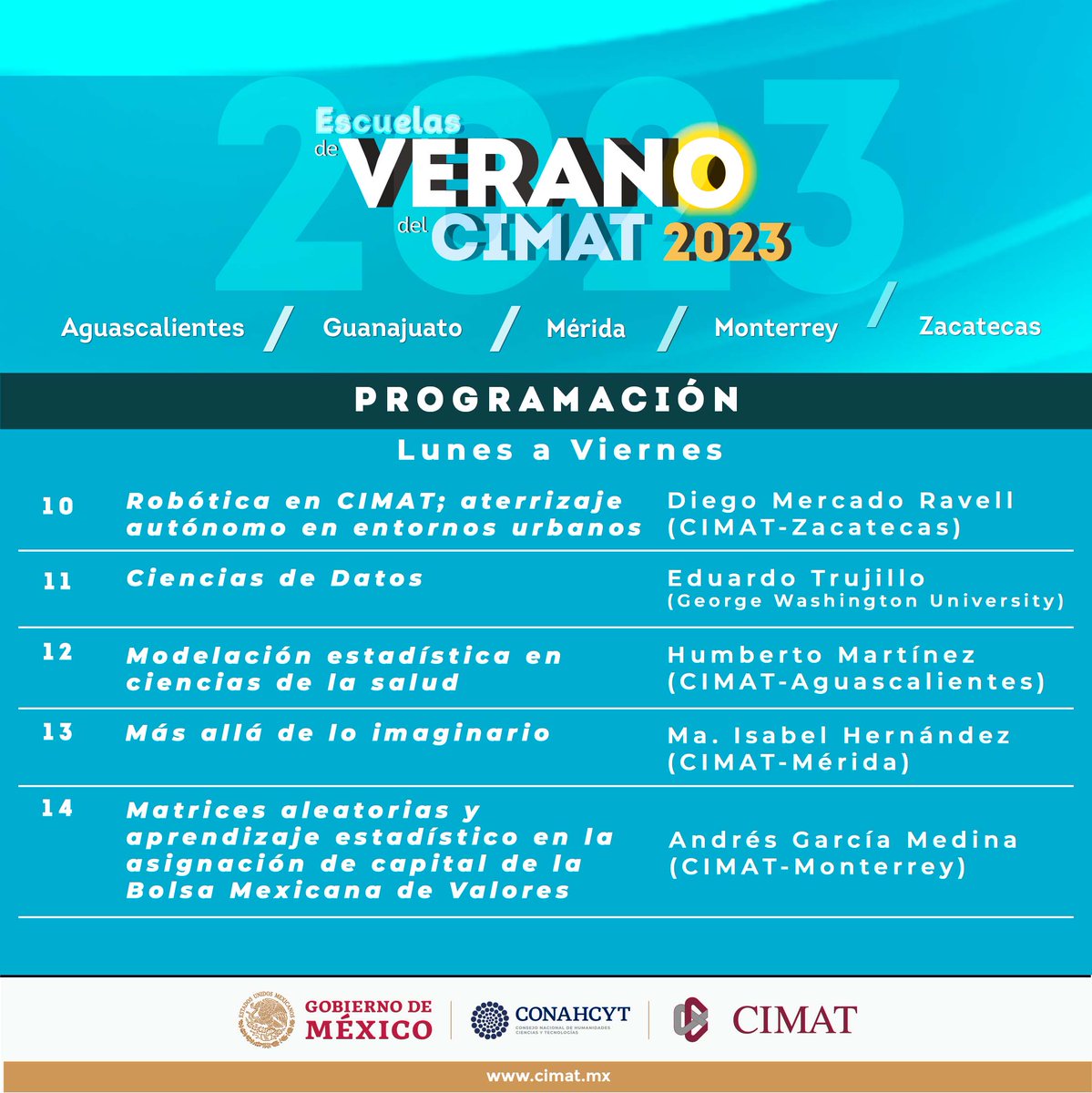 ¡#CIMAT trae para ti las Conferencias Magistrales de las Escuelas de Verano! 👩🏻‍🏫👨🏽‍🏫

Estas conferencias serán transmitidas por nuestro canal de YouTube de lunes a viernes de 13:00 a 14:00hrs. ⏰

Te dejamos el enlace de transmisión: youtube.com/watch?v=9r0GVK…