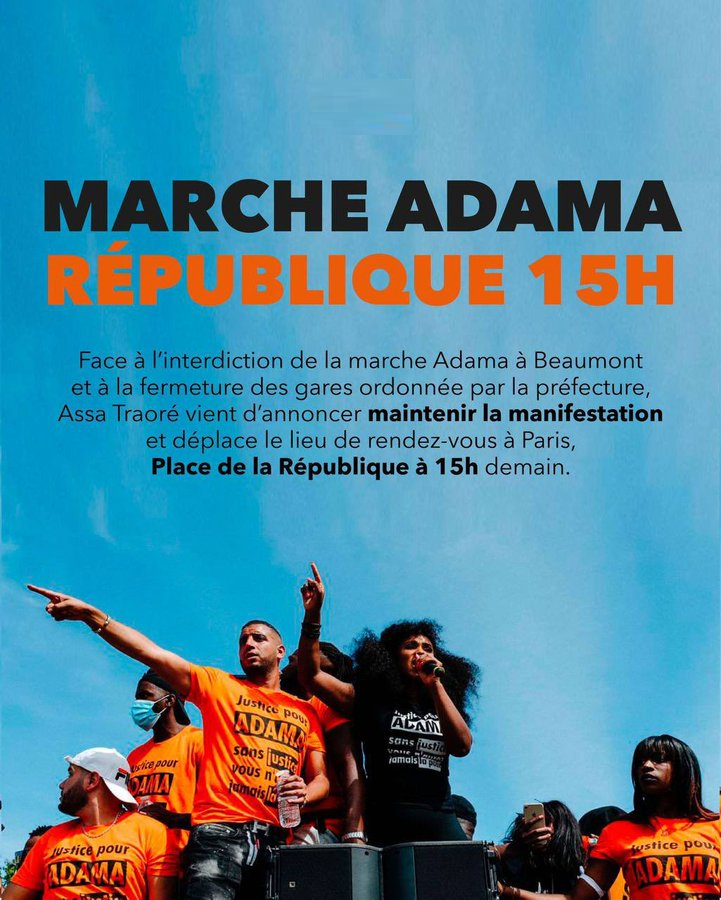 🚨‼️ La #MarchePourAdama était prévu demain à Beaumont-sur-Oise. La préfecture a décidé de l'interdire. Les gares avoisinantes ont toutes été fermées.

Finalement, la marche aura lieu à Paris, place de la République demain samedi à 15 h