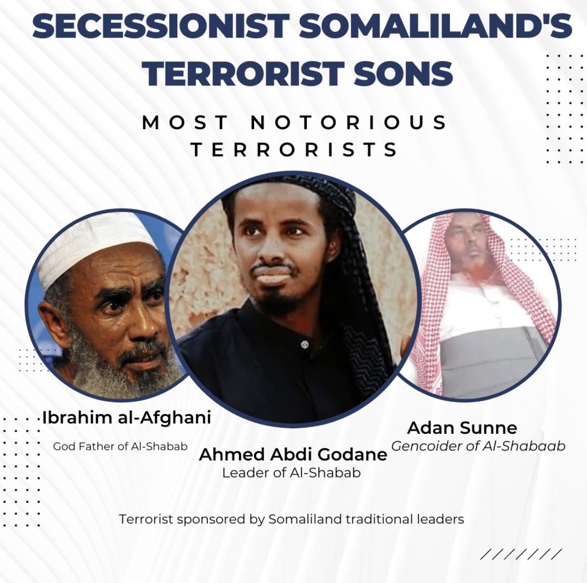 YassSomali's tweet photo. #Somaliland=#Alshabaab
The separatist region #Somaliland has long been accused of having deep ties with the  terrorist group #Alshabaab. Almost all of the current and former leaders of AS are from Somaliland regions including, the notorious butcher of #Mogadishu, Mr #Godane who was killed in a U.S. air strike in 2014. The current leader of the group is non other than #AdanSune, a man who travelled from #Hargeisa with his entire family, in March 2022, to the #jilib the capital of AS to take the leadership of the group. Also, SL is one of the main financiers of the terror activities in southern Somalia in order to prolong & perpetuate chaos in Somalia. Their strategy is to exploit any available opportunity that can keep the south in never ending cycle of lawlessness. There is also very well organized campaigns led by #EdnaAdan intended to tarnish Somalia's name by always linking Somalia with terrorism, piracy, and chaos-three key elements central to Somaliland-Al-Shabaab collaboration against Somalia's state building efforts while portraying the one clan enclave as democratic stable state.
 Somaliland has been waging a brutal campaign of terror against the regions of #SSC since December 2022 in which more than 500+ killed, 3k+ injured,  250k+ displaced, the entire infrastructure of #Laascaanood either damaged or destroyed. @TheVillaSomalia @EGaraad_ @HouseDemocrats @terrorwatchdog @