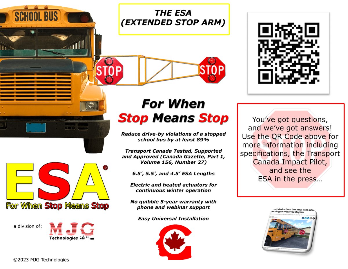 MjgTechnologies's tweet photo. ESA (Extended Stop Arm) to become standard on all School Buses in 2024.
For when Stop Means Stop!! https://t.co/TKyduW65w8
#cmvtc #crosssafe #crosssafely #schooldivision #schoolbusdriver #schoolbus #schoolsafety #stoparmcameras #studentsafety #transportation #schoolbussafety https://t.co/RjUEXNUHFG