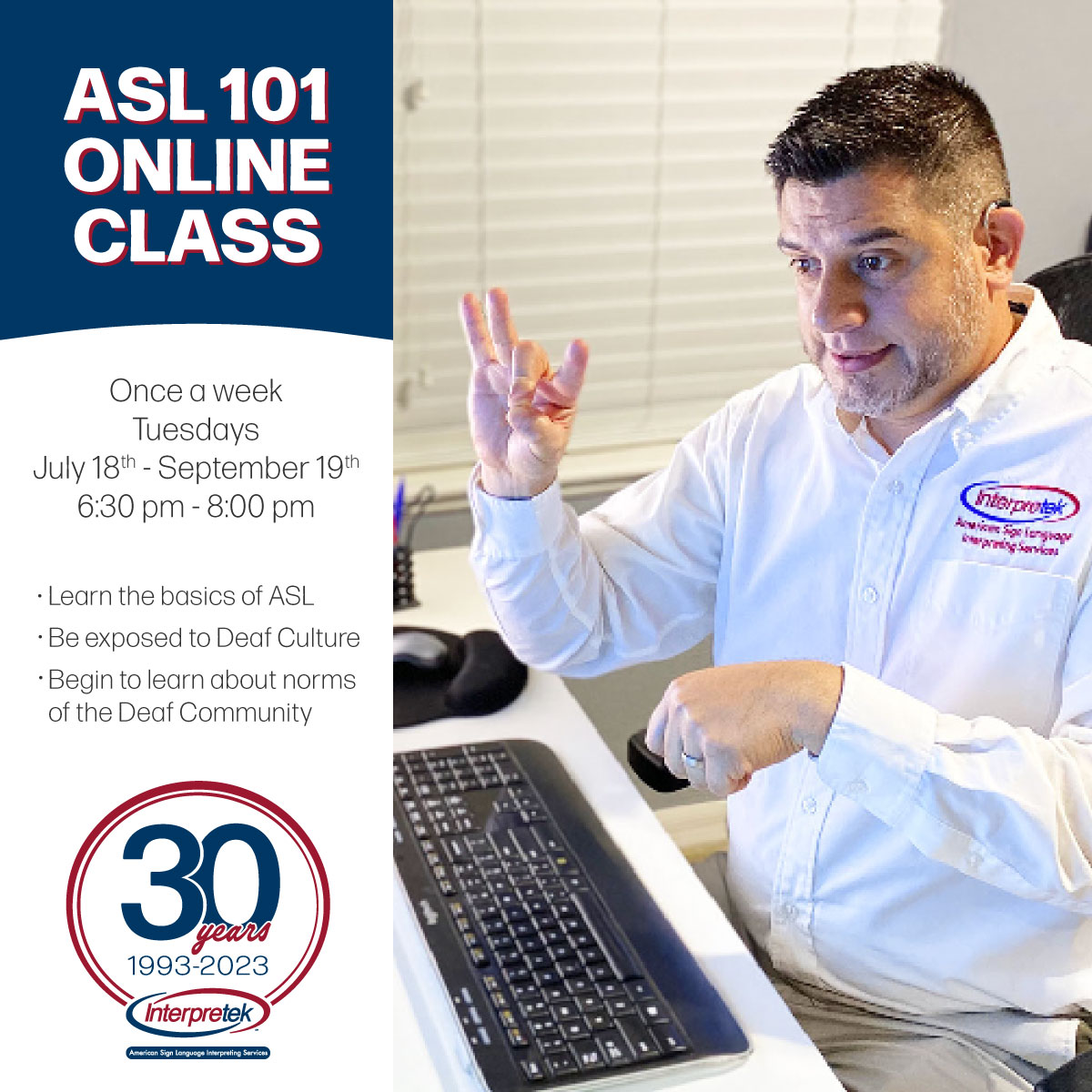 Interpretek's tweet image. Now's your chance! Get immersed in American Sign Language and the Deaf culture with our ASL 101 online class.
Sign up now! bit.ly/44AHtPG
#LearnASL #ASLClasses