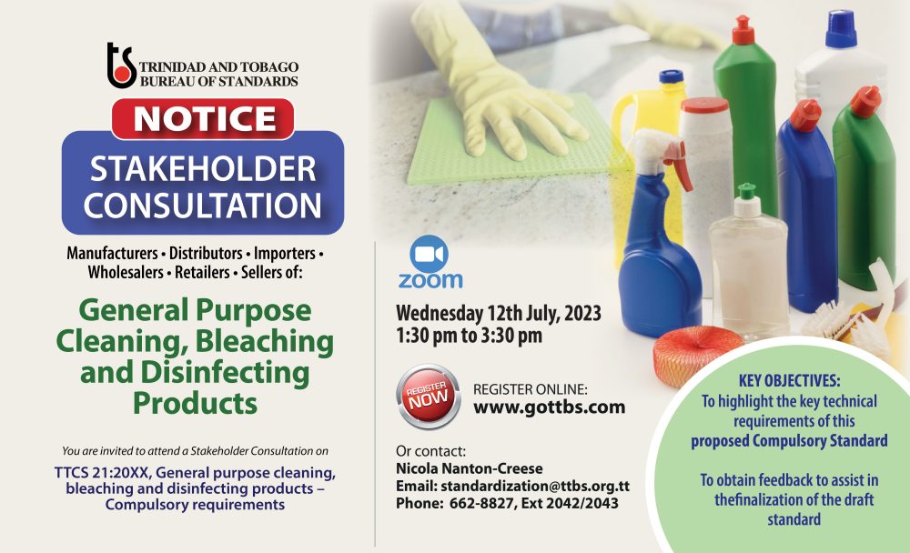 Join us for a Virtual Stakeholder Consultation on the Draft Compulsory National Standard for General Purpose Cleaning, Bleaching and Disinfecting Products on 12th July, 2023 at 1:30 pm – 3:30 pm

Register - lnkd.in/eQrD2DN2

Visit lnkd.in/etmT7Mry to review standard