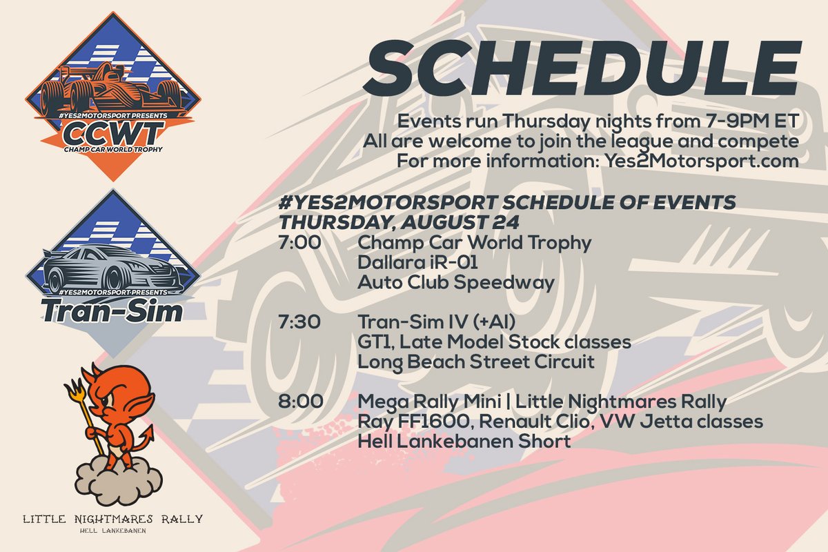 yes2motorsport's tweet photo. Tonight's show:
7PM ET #CCWT at Auto Club
7:30PM ET #TranSim IV at Long Beach
8PM ET #MegaMini Little Nightmares Rally at Hell Short
See you then! #Yes2Motorsport https://t.co/kiVycmU4DH