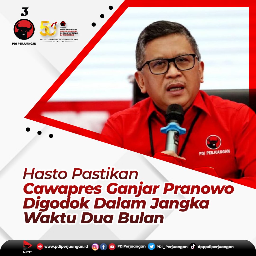 Hasto Pastikan Cawapres Ganjar Pranowo Digodok Dalam Jangka Waktu Dua Bulan

Sekretaris Jenderal (Sekjen) DPP PDI Perjuangan Hasto Kristiyanto memastikan Bakal calon wakil presiden (cawapres) untuk Ganjar Pranowo akan digodok dalam jangka waktu dua bulan ini.

Hasto Kristiyanto