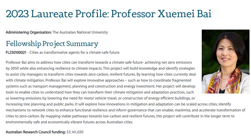 xuemeibai_aus's tweet photo. Very honoured to receive #ARC #LaureateFellowship. This 5-yr fellowship will model #evolutionarytrajectories of #cities, explore mechanisms for #acceleratedtransformation, build theory/test feasibility of #networkedresilience of cities. @FutureEarthUrb @SafeJustPlanet @AcadSocSci https://t.co/9NVBT1YVug