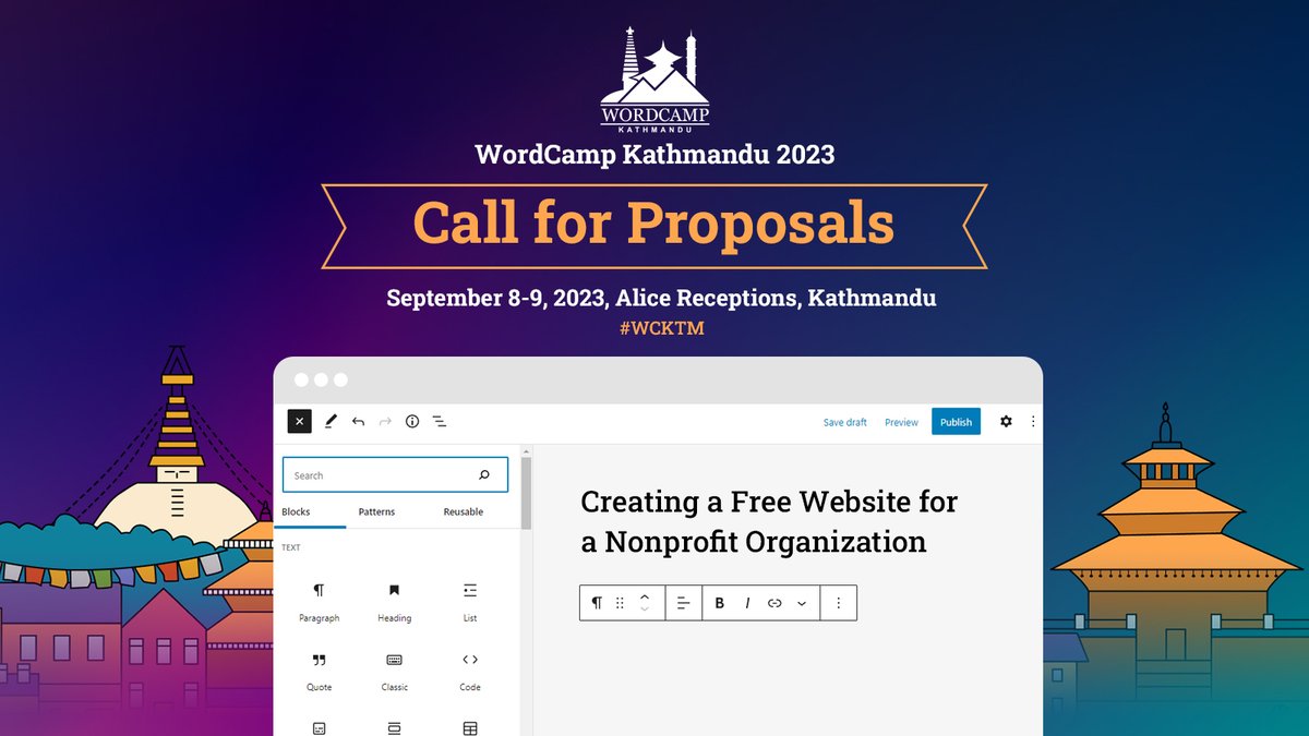 WCKathmandu's tweet photo. Big news! WordPress Mega Event, WordCamp Kathmandu is here, and we're offering a FREE website creation for a Nonprofit Organization!

Make your mission shine online.

Apply now https://t.co/ijFzGN26Ml

Deadline: 25th July 2023
#WCKTM #WordPress #WordCamp https://t.co/gXbxOMgoKH