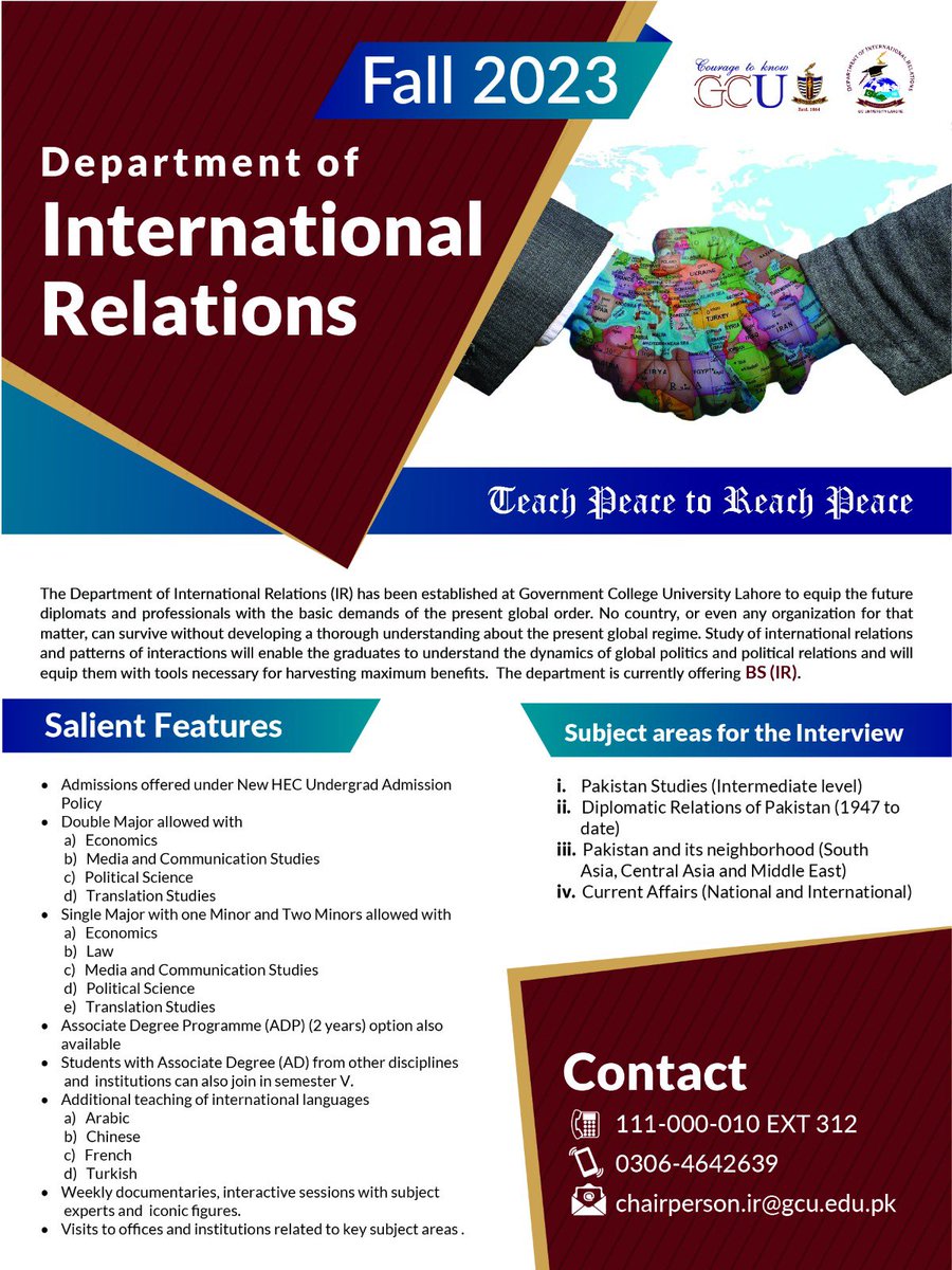 zaidia's tweet photo. Department of International Relations @gcuniversitylhr offers BS in IR, under New HEC Undergraduate Policy. With the option of the Associate Degree, an exit and entry after two years is also possible. Single Major with one Minor and two Minors are offered. Double Major facility is available only for high achievers. Last date to apply is 10 July 2023. For details, please visit GCU website.
