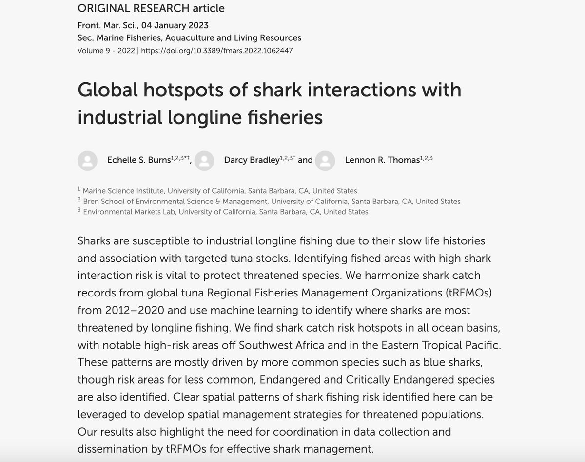 Researchers (Burns et al. 2023) developed AI models to predict hotspots for shark interactions with longline fisheries globally- interactions were not necessarily concentrated in areas of high fishing but clustered in locations predicted by environmental and ecological factors.