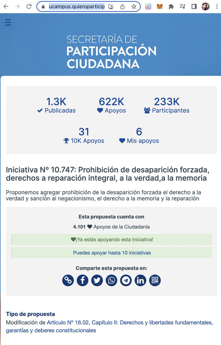 Esta compañeros! Veamos si en 1 hora llegamos a las 10 mil firmas! Prenda las turbinas!
Iniciativa Nº 10.747: Prohibición de desaparición forzada, derechos a reparación integral, a la verdad, a la memoria.

Firme aquí: ucampus.quieroparticipar.cl/m/iniciativas/…