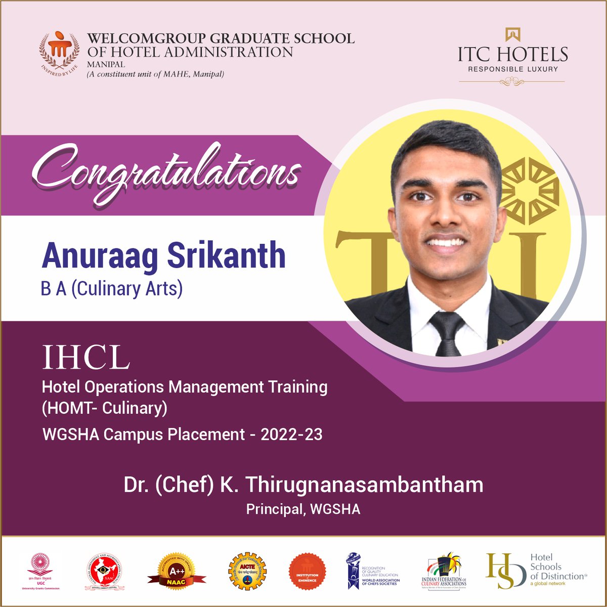 WManipal's tweet photo. #placementCongratulations Mr. Anuraag Srikanth, on his successful placement in #WGSHA #PlacementDrive2023 for Hotel Operations Management Training #HOMT #Culinary #IHCL #TAJ
@ThiruChef @MAHE_Manipal @TajHotels
#Placements #MAHE #Placement2023 https://t.co/x0Y0CvFT56