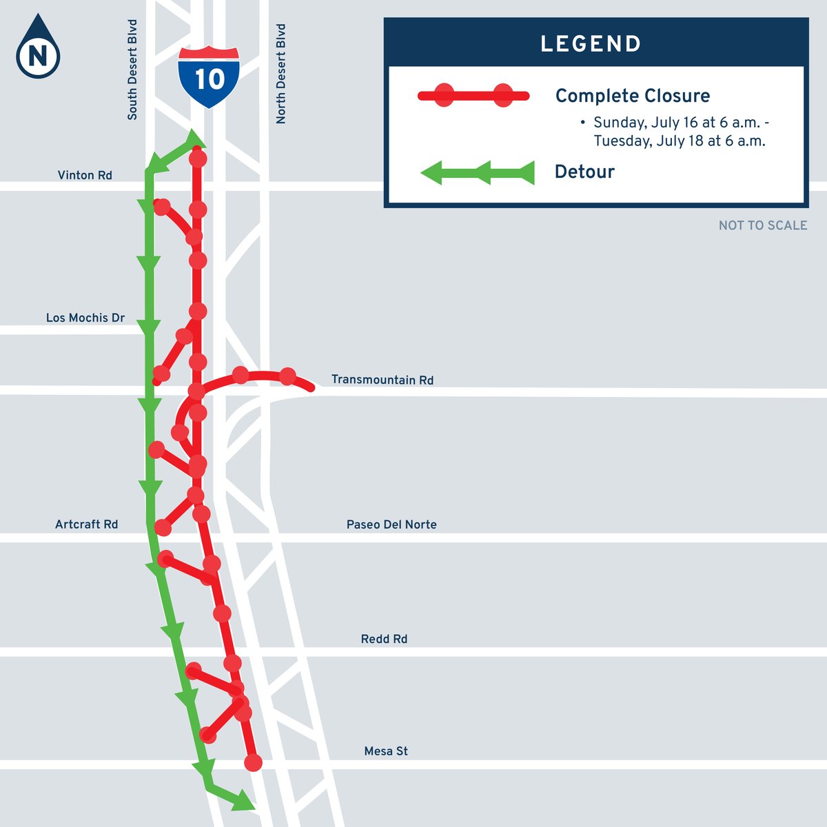 txdotelp's tweet photo. ⚠️ UPDATED DATE &amp; TIME ⚠️
48 HOUR CLOSURE
Sun 7/16 at 6am – Tues 7/18 at 6am
• EB I-10 closed to all traffic
• Vinton Rd to N Mesa St
• Detour via S Desert Blvd
• Crews moving barriers, prepping driving surface https://t.co/o33PaFkUdU