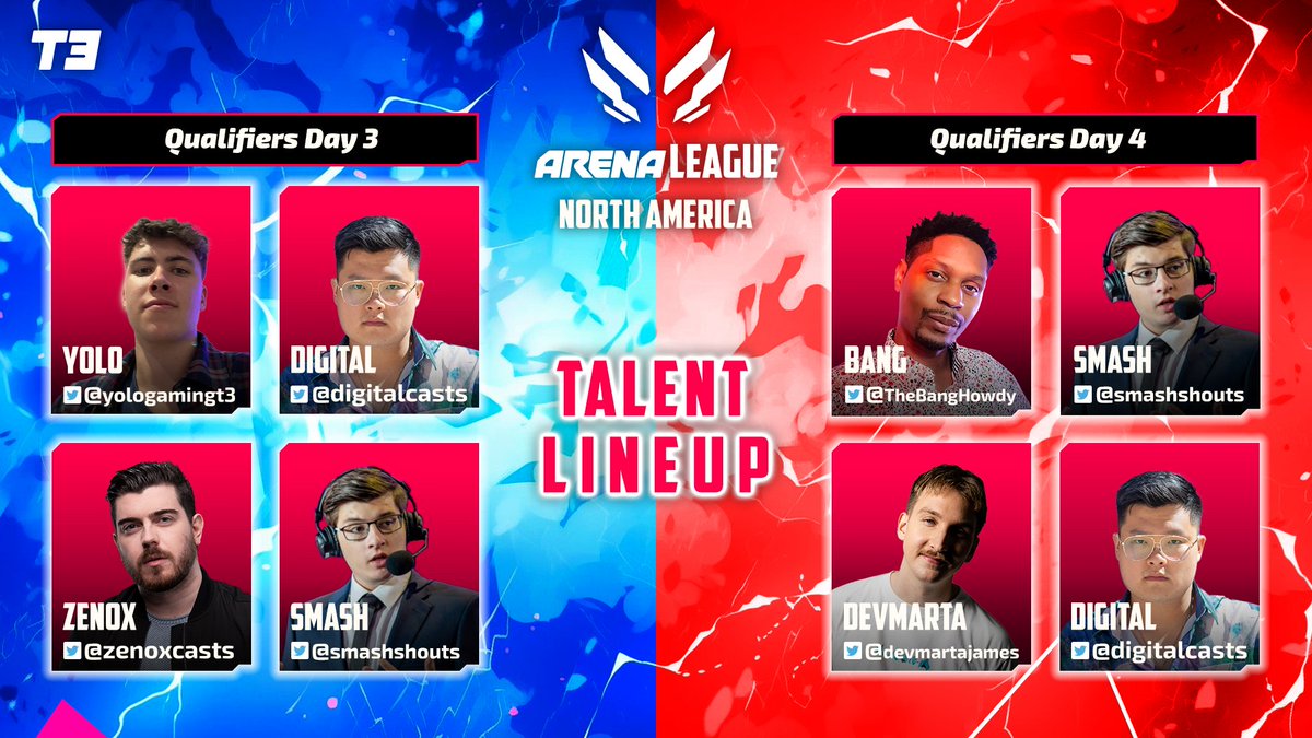 📢 ANNOUNCING YOUR NARRATORS 📢

Here is your commentator lineup for Day 3 &amp; 4 of Qualifiers! 
Excited to see some more returning faces from Season 5 Arena League!

Please make them feel welcome!