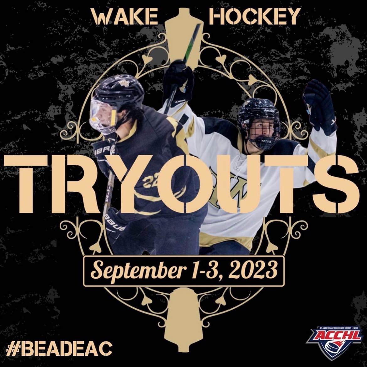 WakeIceHockey's tweet photo. The 2023-2024 roster is yet to be capped. An open tryout camp will be held September 1st through 3rd. Please contact rosacx22@wfu.com for tryout details! #skodeacs https://t.co/LLCJLzTOhH