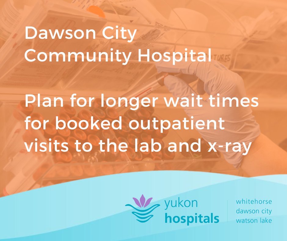 It will take longer to get a scheduled appointment for blood work or x-rays at Dawson City Community Hospital. 

Understand that our team is working hard to deliver quality and safe care. Please be kind to your healthcare provider❤️