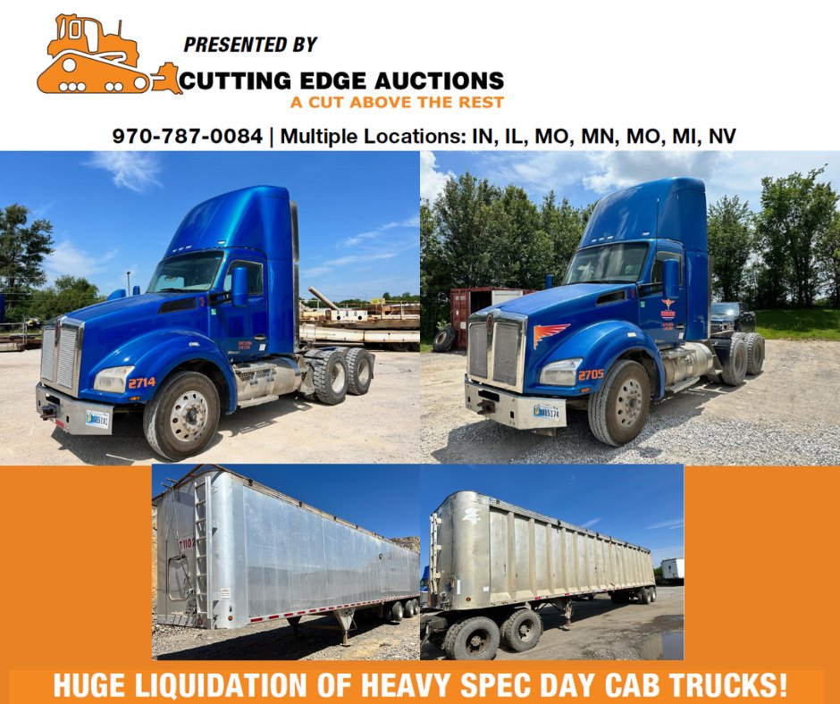 auctiontime's tweet photo. Huge liquidation of over 100 heavy-spec trucks and trailers.
📍Minnesota -July 12th
🚚All other trucks-July 19
⭐Trailers-July 26th! 🔥🙌
Check out @Cut_Edge_Equip inventory!
👉 https://t.co/9N9YzCHE58
#AuctionTime #FeaturedDealer #truckauction #auctions #heavydutytrucks https://t.co/Xb6umr2kdj