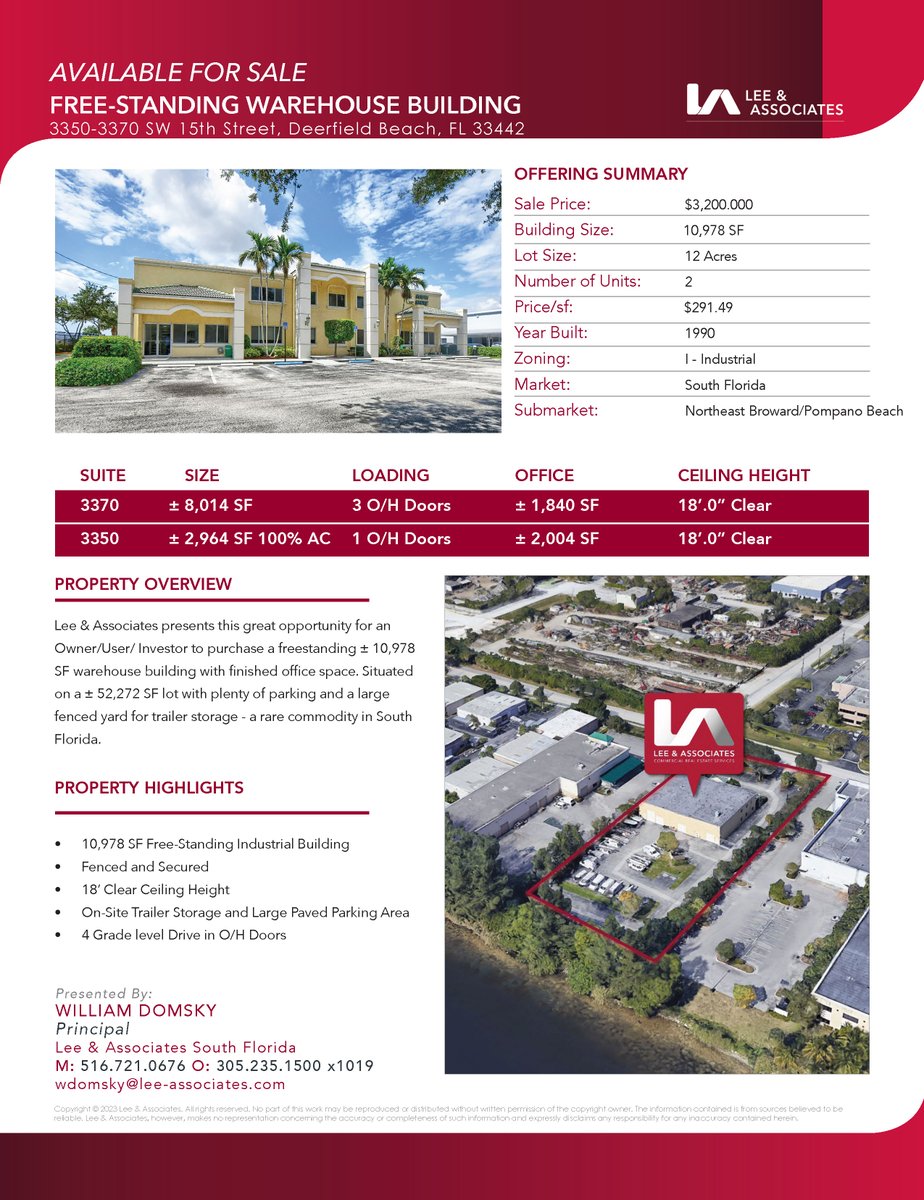 WilliamDomsky's tweet photo. #warehouseforsale #warehouse #southfloridawarehouse #southfloridarealestate #deerfieldbeach #fortlauderdale #leesouthflorida #leeandassociates #leeandassociatescommercialrealestateservices  #commercialrealestateagent #warehousebuilding #browardcounty #costar #loopnet #crexi https://t.co/Kld9Ky74Ls