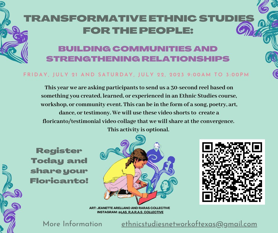 esntx2's tweet photo. Registration for the 4th Annual ESNTX Summer Convergence is open! When you register, we invite you to share a reel about your favorite Ethnic Studies experience. Please share! #ESNTXConvergence2023 #EthnicStudiesforthePeople https://t.co/U1BJTshL7e https://t.co/SRZ88xenUP
