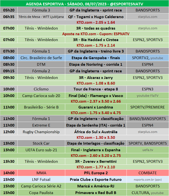 Esportes Na TV 📺 on X: A agenda esportiva deste SÁBADO (11/11/2023) Faça  sua aposta na @KTO_brasil utilizando o cupom ESPNATV no cadastro e garanta  20% de bônus no seu primeiro depósito!
