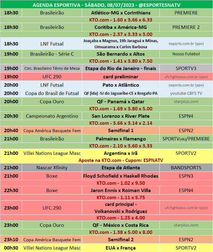 Esportes Na TV 📺 on X: A agenda esportiva deste SÁBADO (11/11/2023) Faça  sua aposta na @KTO_brasil utilizando o cupom ESPNATV no cadastro e garanta  20% de bônus no seu primeiro depósito!