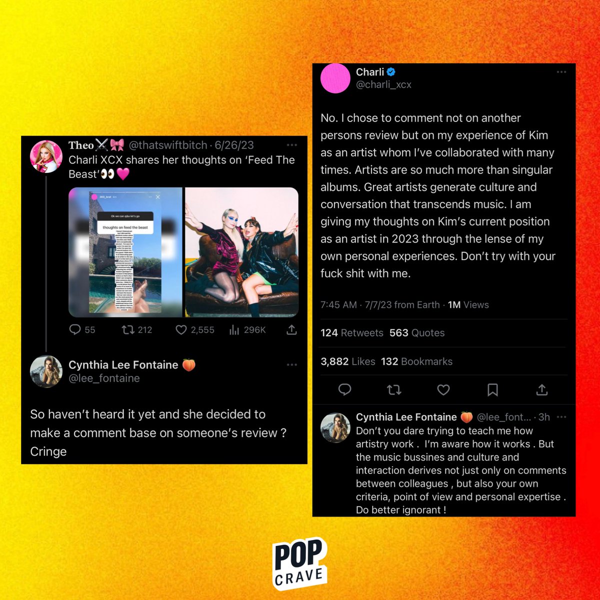 PopCrave's tweet photo. Charli XCX and #DragRace alum Cynthia Lee Fontaine get into heated exchange after Charli shared her opinion on Kim Petras’ current position as an artist:

“Don’t try with your fuck shit with me.” https://t.co/t1iRzIYInF