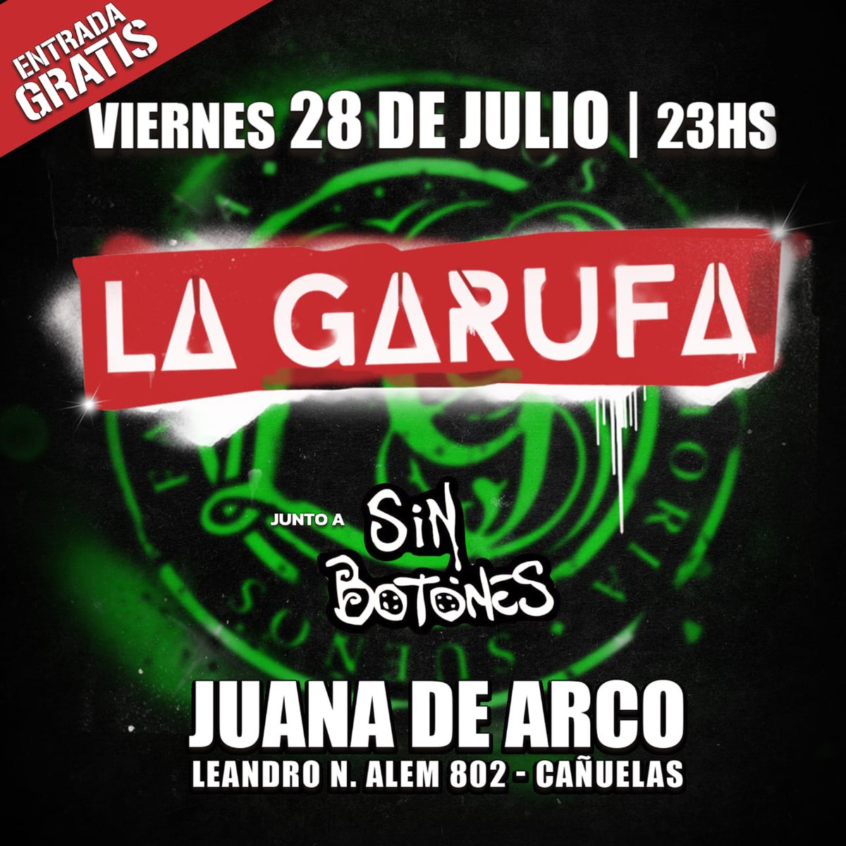 📢 NOS VAMOS PARA CAÑUELAS 📢

📆 El viernes 28 de julio vamos a estar tocando por primera vez en @juanadearcocanuelas junto a los amigos de @sinbotonesoficial 

🎫 La entrada es libre y gratuita, pero tienen que reservar su lugar en: bit.ly/LaGarufaCanuel…