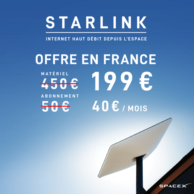SpaceX's tweet photo. Offre exclusive en France

Matériel : 4̵5̵0̵€ -->199€
Frais mensuels : 5̵0̵€ --> 40€ 

-55% sur le matériel jusqu'au 31 Juillet
Internet Très Haut Débit depuis l’espace