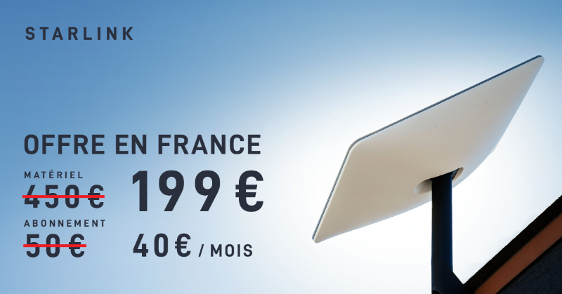 SpaceX's tweet photo. Offre exclusive en France

Matériel : 4̵5̵0̵€ -->199€
Frais mensuels : 5̵0̵€ --> 40€ 

-55% sur le matériel jusqu'au 31 Juillet
Internet Très Haut Débit depuis l’espace