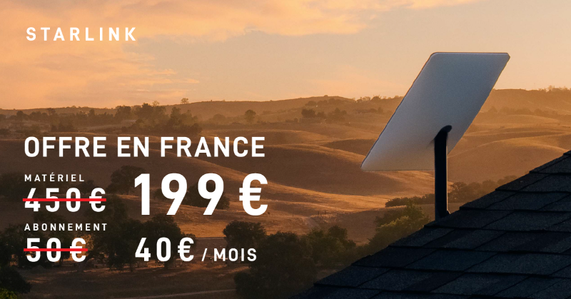 SpaceX's tweet photo. Offre exclusive en France

Matériel : 4̵5̵0̵€ -->199€
Frais mensuels : 5̵0̵€ --> 40€ 

-55% sur le matériel jusqu'au 31 Juillet
Internet Très Haut Débit depuis l’espace