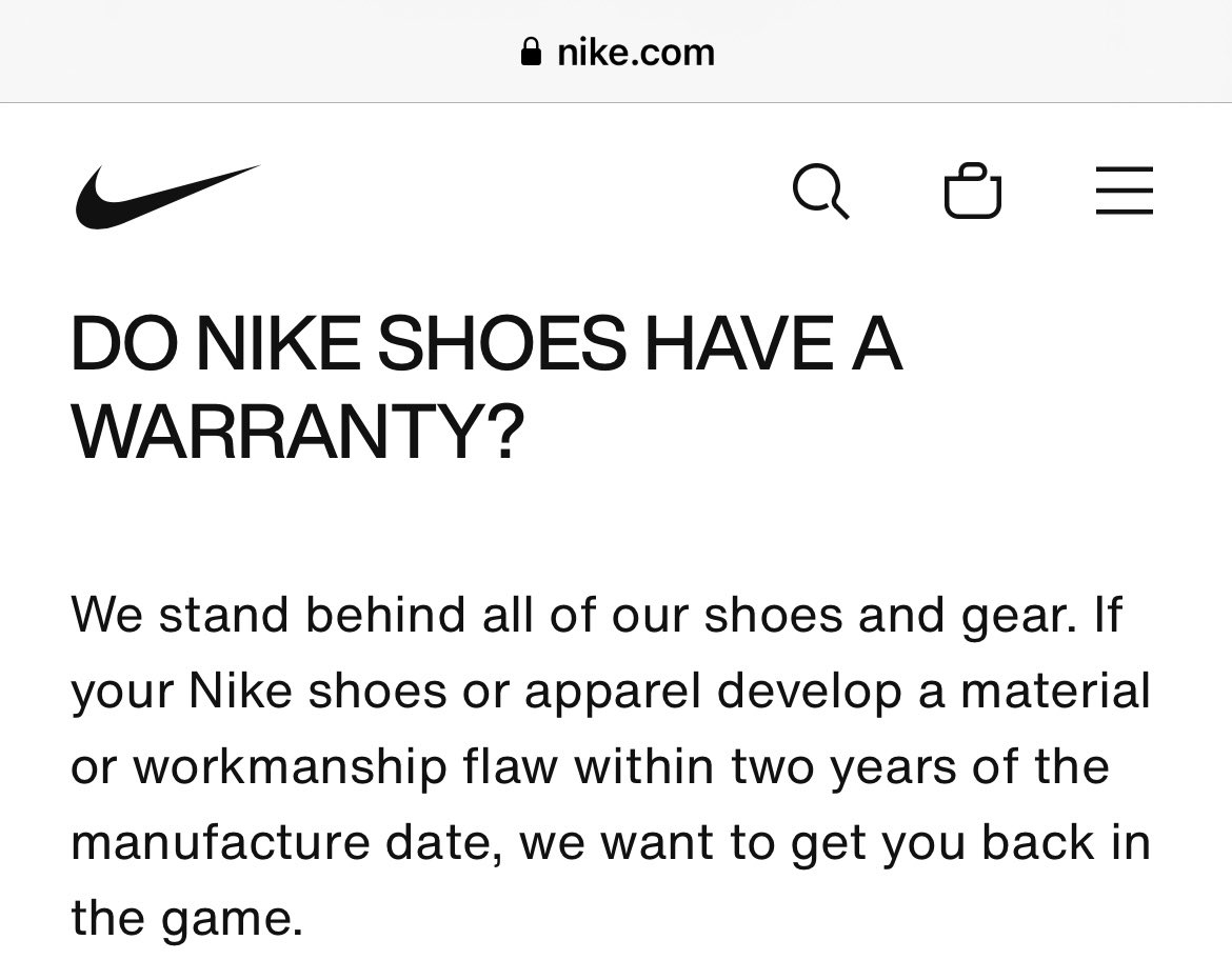 Andrew Lokenauth on Twitter: "If your Nike sneakers are damaged you get a new pair for free, without a receipt, within 2 years of purchase. Nike will either give you a
