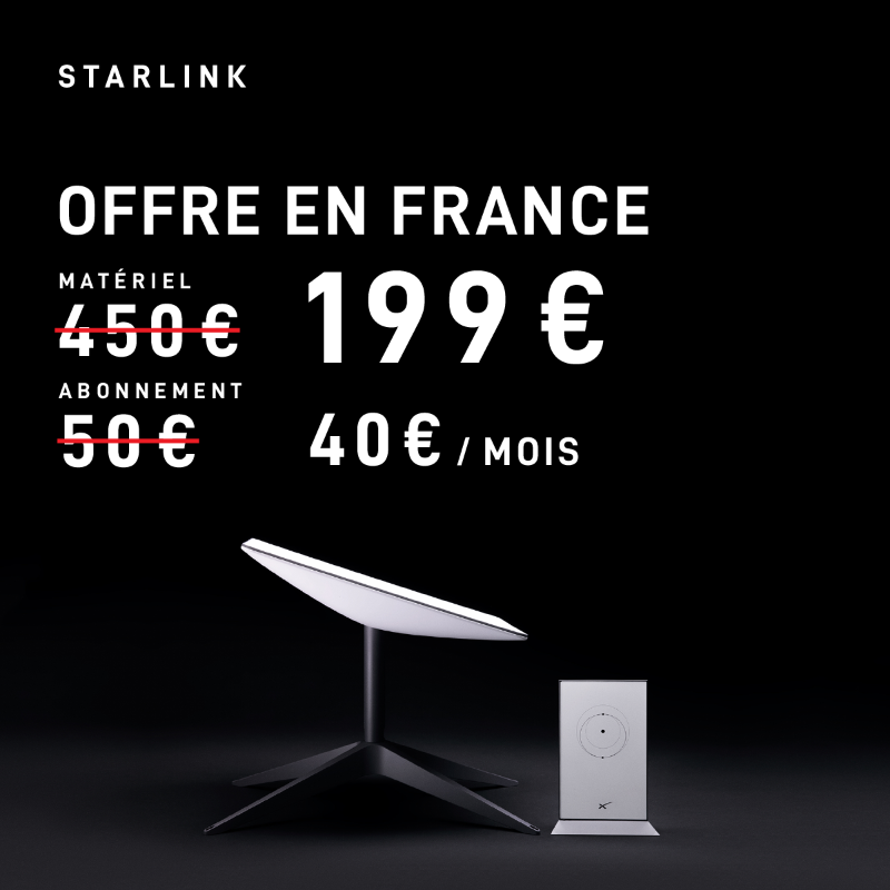 SpaceX's tweet photo. Offre exclusive en France

Matériel : 4̵5̵0̵€ -->199€
Frais mensuels : 5̵0̵€ --> 40€ 

-55% sur le matériel jusqu'au 31 Juillet
Internet Très Haut Débit depuis l’espace
