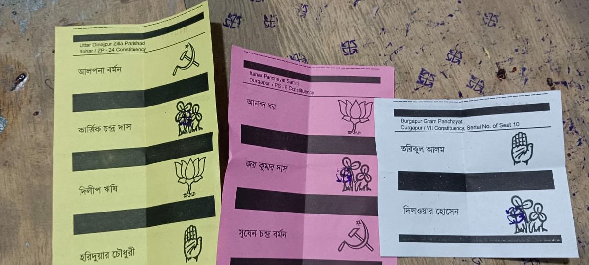 SumitMahata3's tweet photo. So the loot of ballot and getting those stamped in TMC’s favour started even before the midnight. Those ballot papers (as inscribed) are from Itahar’s Durgapur, North Dinajpur. #PanchayatElection2023 TMC style. https://t.co/9xmA9IUcQS