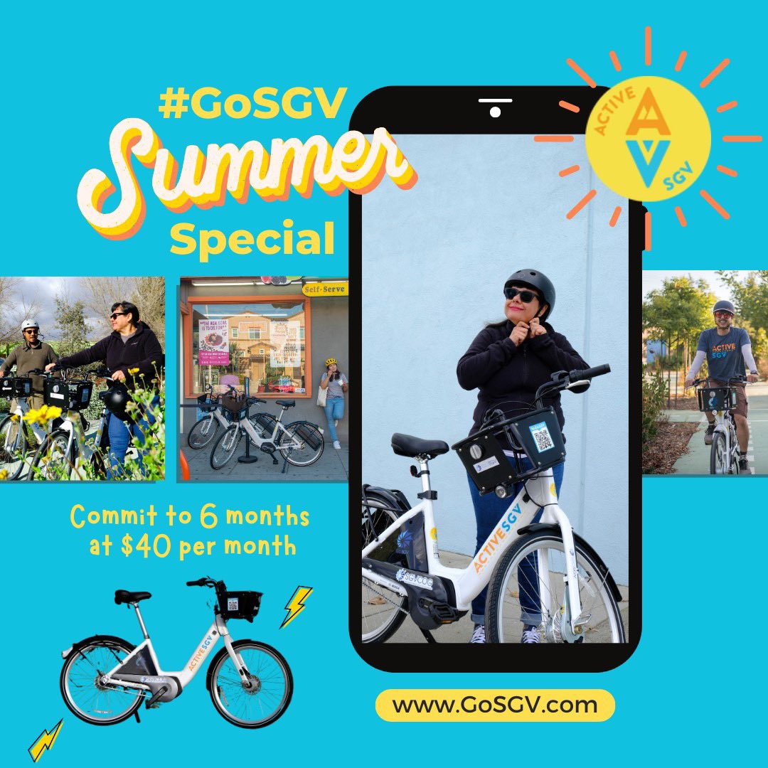 🌞 #GoSGV E-Bike Share Summer Special is here! 🚲 

Commit to 6 months for only $40/month &amp; kickstart your summer adventure.

Just reply to our intro email, "I'd like to participate in the Summer Special."

Secure your e-bike today! 
Visit gosgv.com to learn more.