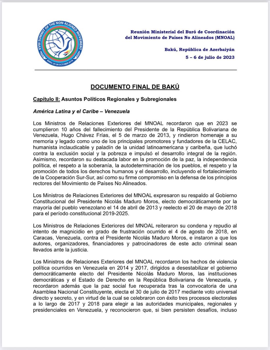 NicolasMaduro's tweet photo. Los 120 países del MNOAL expresaron su respaldo a Venezuela, repudiaron y exigieron el levantamiento de las sanciones ilegales del gobierno de los EE. UU. contra nuestra nación. Agradezco a los pueblos del mundo su apoyo a la firme determinación de los venezolanos y las venezolanas a construir su propio destino de respeto y dignidad. ¡Un nuevo mundo está surgiendo!