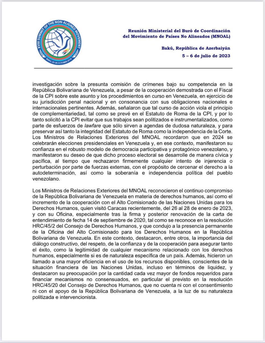 Los 120 países del MNOAL expresaron su respaldo a Venezuela, repudiaron y exigieron el levantamiento de las sanciones ilegales del gobierno de los EE. UU. contra nuestra nación. Agradezco a los pueblos del mundo su apoyo a la firme determinación de los venezolanos y las