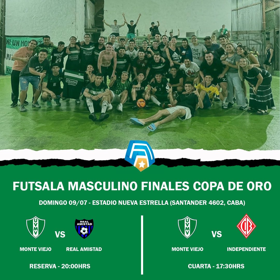 #Futsala ¡FINALES COPA DE ORO!

El Verde disputará la final de la Copa de Oro de <a href="/futsala/">Daniel Gerlach</a>.ok en dos categorias. La reserva vs Real Amistad, y, la cuarta vs Independiente de beccar.

#VamosQueVamos #UVMV2023