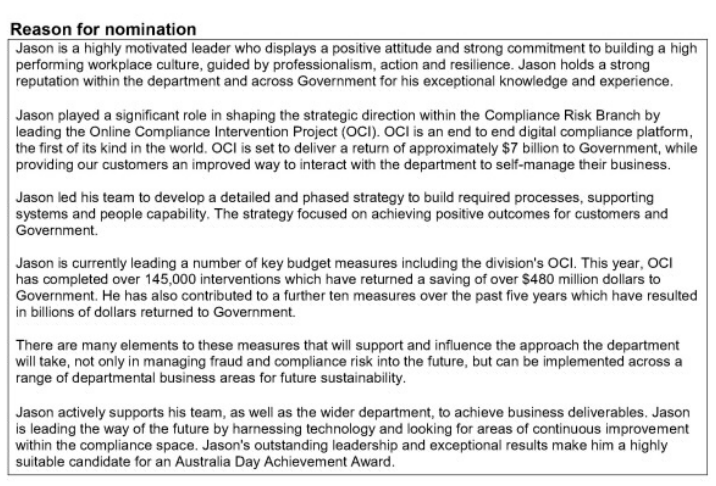 catrollison's tweet image. Ladies and Gentlemen, I introduce Jason Ryman. If Robodebt had a &quot;concept architect&quot;, this was him. Oh by the way, here is his nomination for an Australia Day Achievement Award - for that very role! You could not make this shit up. #RobotdebtRC