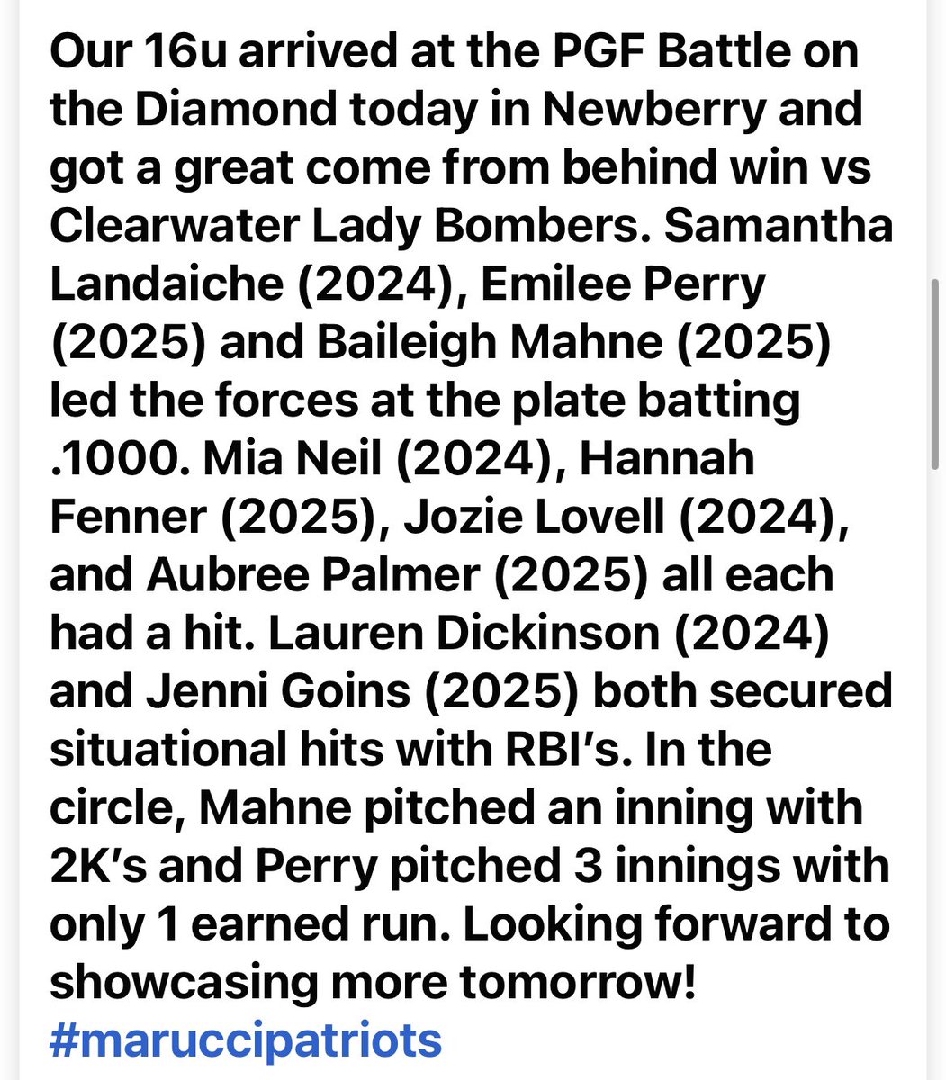MarucciPatsGC's tweet image. Great day for @SamLandaiche18 @Emileeperrysb28 @BaileighMahne @mia_neil17 @Hfenner32 @jozie_22 @APalmer029 @jennigoins2025 @LDickinson04 #maruccipatriots
