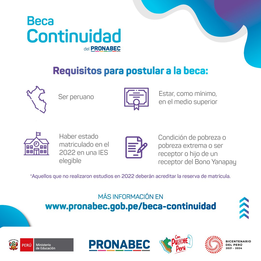Pronabec's tweet photo. 📚 Conoce los requisitos del concurso #BecaContinuidad 2023. 🎓 ¡Prepárate para dar el siguiente paso! ✨
📌 Postulación electrónica hasta el 20 de julio ➡️ https://t.co/nCFIlfNFdp https://t.co/lVGX0ZPRZy