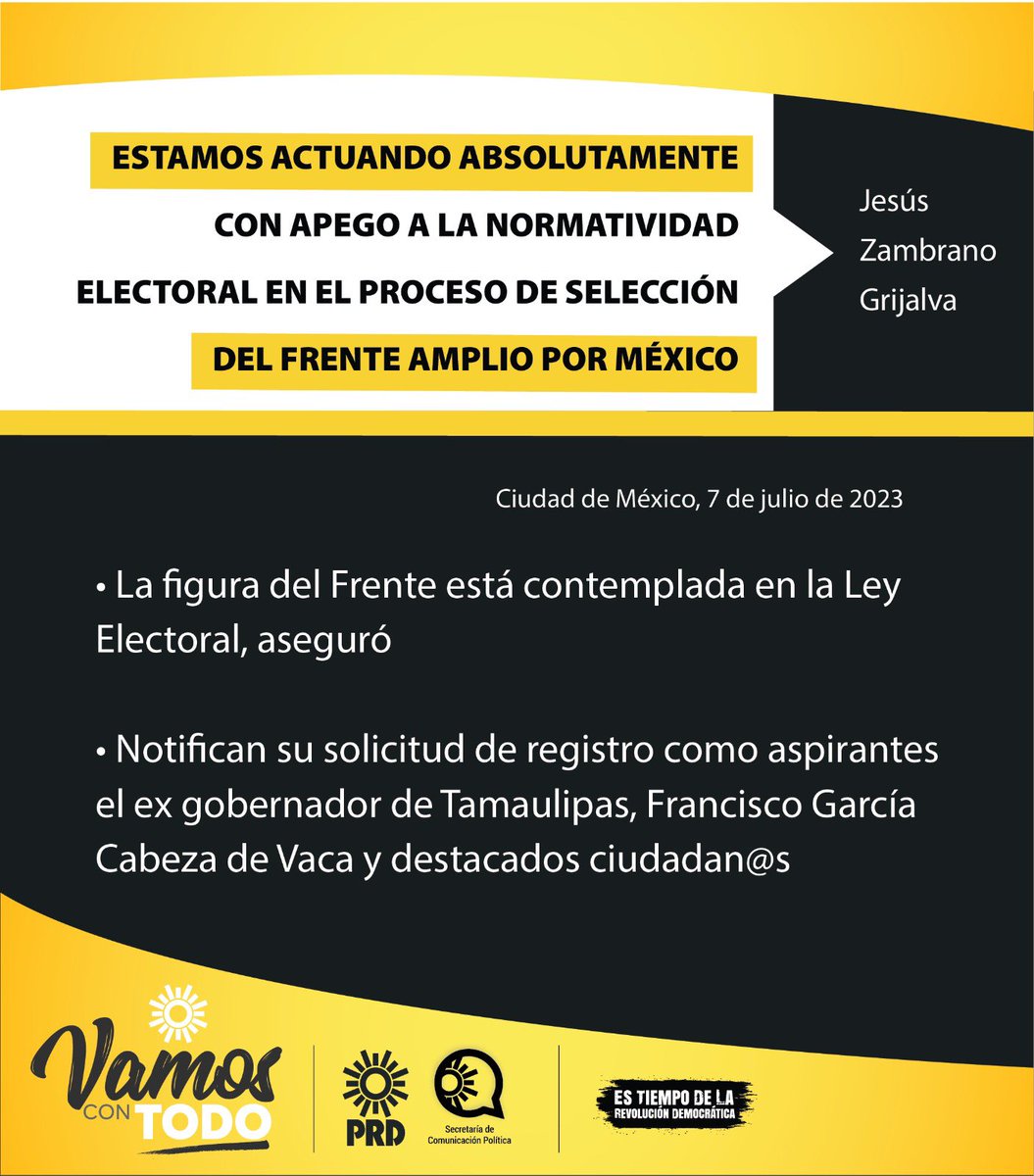DeTodo2408's tweet photo. Estamos actuando absolutamente con apego a la normatividad electoral en el proceso de selección del #FrenteAmplioPorMéxico: @Jesus_ZambranoG 

Boletín 📃🔆➡️ https://t.co/ZQyeG3QMT8 https://t.co/bh9chsgqEZ