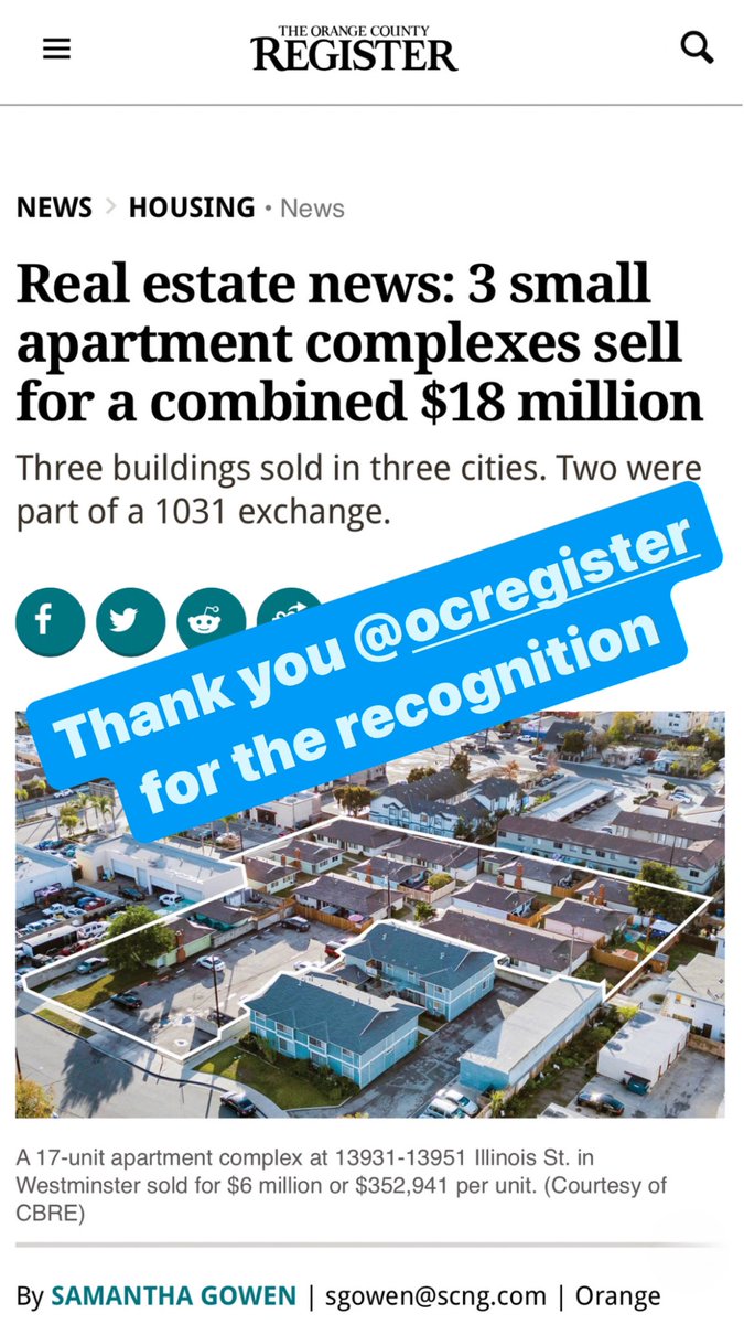 dan__blackwell's tweet photo. Thank you Orange County Register for the recognition of 3 notable sales led by our Multifamily SoCal team. You can read the full article in the link-in-bio. #mutlifamilysocal #westminster #ocregister #propertyinvesting https://t.co/MZqSKFVRKA