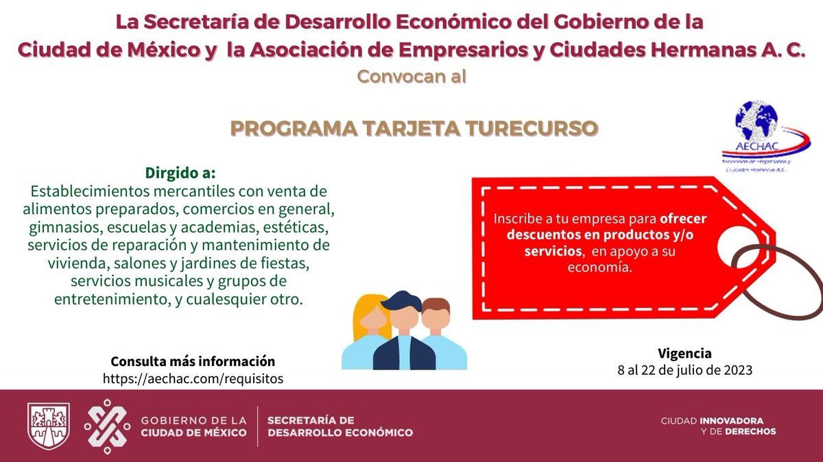 SedecoCDMX's tweet photo. #SEDECO te invita a registrarte en el programa: "TARJETA TURECURSO"
para otorgar descuentos

Así promueves tus productos y servicios, favoreciendo la economía de jóvenes, madres solteras y personas adultas mayores de la Ciudad

Consulta los detalles aquí: https://t.co/3SjgYflhqB https://t.co/whbiYOP8fY