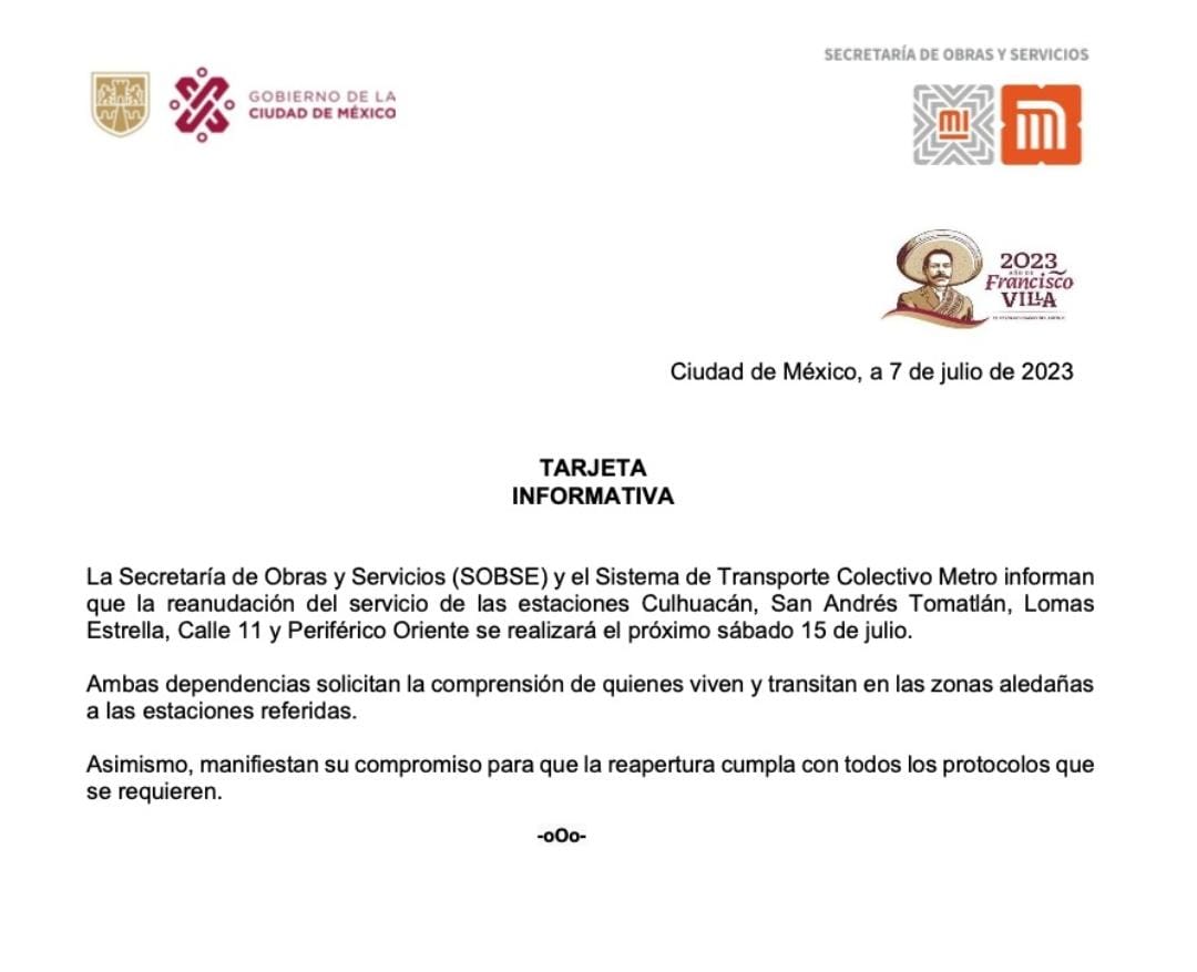 MetroCDMX's tweet photo. #TarjetaInformativa La @SOBSECDMX y el Metro informan sobre la reanudación del servicio en cinco estaciones del tramo elevado de Línea 12. https://t.co/HLc8OdquMk