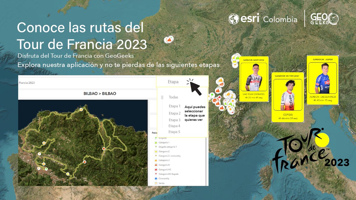 geo_geeks's tweet photo. #AppGeek | Tour de France 2023 🚴♀️
Explora nuestra nueva App del Tour de France 2023 y conoce más de los ganadores de las diferentes etapas.
📌 https://t.co/T3iWeP9CqR
#tourdefrance2023 #etapa #ciclismo #Geogeeks @EsriColombia https://t.co/uvbgN84N6Q