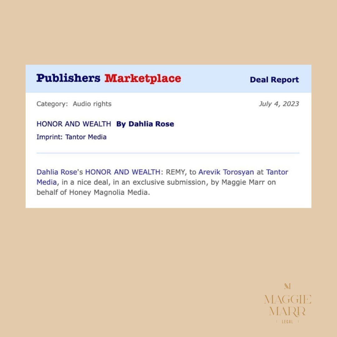 Congratulations @dahliarose1029 and @honeymagnoliaco! We were honored to be part of this deal.

#AudioRights #Authors #DahliaRose #HoneyMagnoliaMedia #EntertainmentLaw #AmazingAuthor #AmazingClients #MaggieMarr #MaggieMarrLegal #MaggieMarrLegalPC