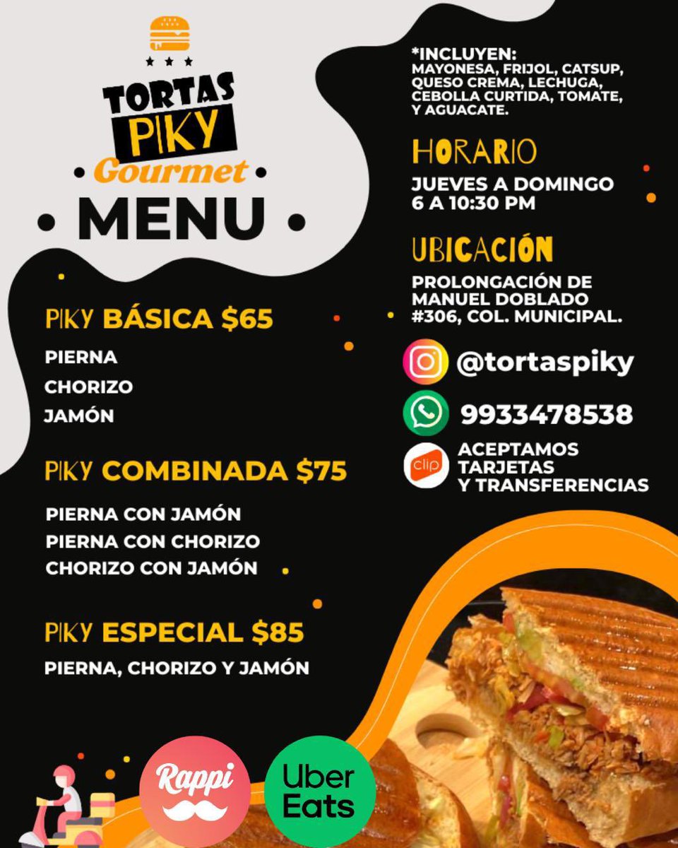amiraea70's tweet photo. ¿Antojo? 🤤Comete una torta…  TORTAS PIKY ¡Las mejores tortas de pierna de Villahermosa! 🔥YA ABRIMOS🔥  Servicio de 6 a 10:30 pm  Checa nuestro Menú AQUÍ ⬆️ https://t.co/PZr3Ipx7ht