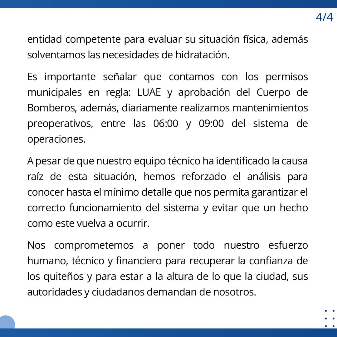 telefericoQuito's tweet photo. 🚨 Comunicado Oficial 🚨

A toda la comunidad de Quito,

Lamentamos profundamente los hechos sucedidos en relación al Teleférico de Quito. Nuestra prioridad en este momento difícil es asegurar la seguridad y el bienestar de todos los ciudadanos y visitantes. https://t.co/w5vNSPW68q