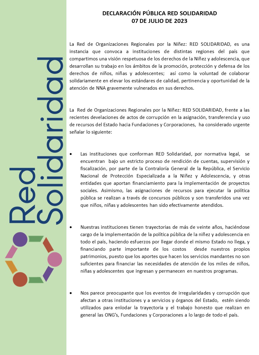 Solidaridad_Red's tweet photo. Compartimos Declaración Pública de RED SOLIDARIDAD.
#TodosLosDerechosParaTodasLasNiñeces https://t.co/9nT8X1PJey